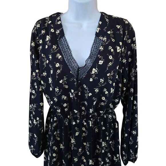 Floral Print Dress Lace Trim V-Neck Long Sleeve Navy & White fairycore flowers - Picture 3 of 8